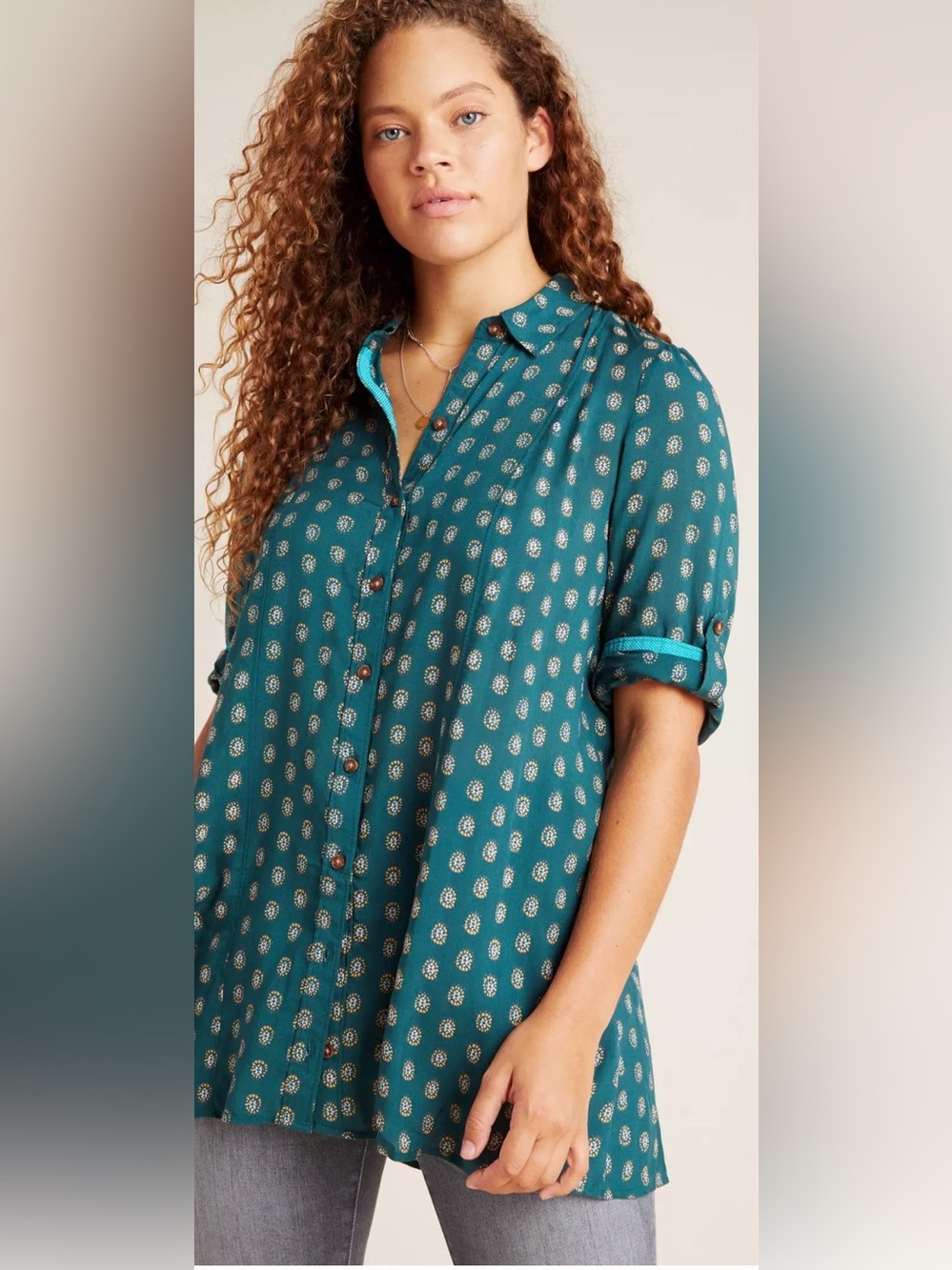 Maeve Anthropologie Teal Printed Button Front Tunic Blouse Medium